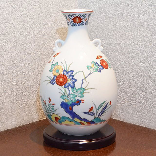 山下工芸 花器 花鳥岩菊 φ12×H21cm 有田焼 7寸夏目 花瓶 木箱入